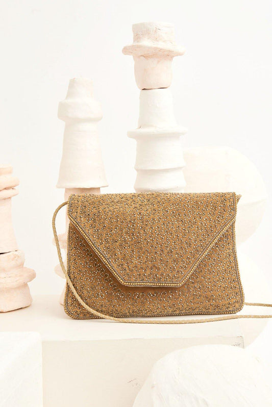 Bolso de mano pequeño Wolvy con cuentas bordadas - Arena