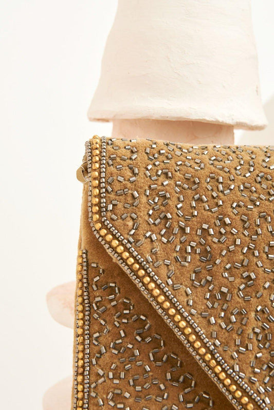 Bolso de mano pequeño Wolvy con cuentas bordadas - Arena