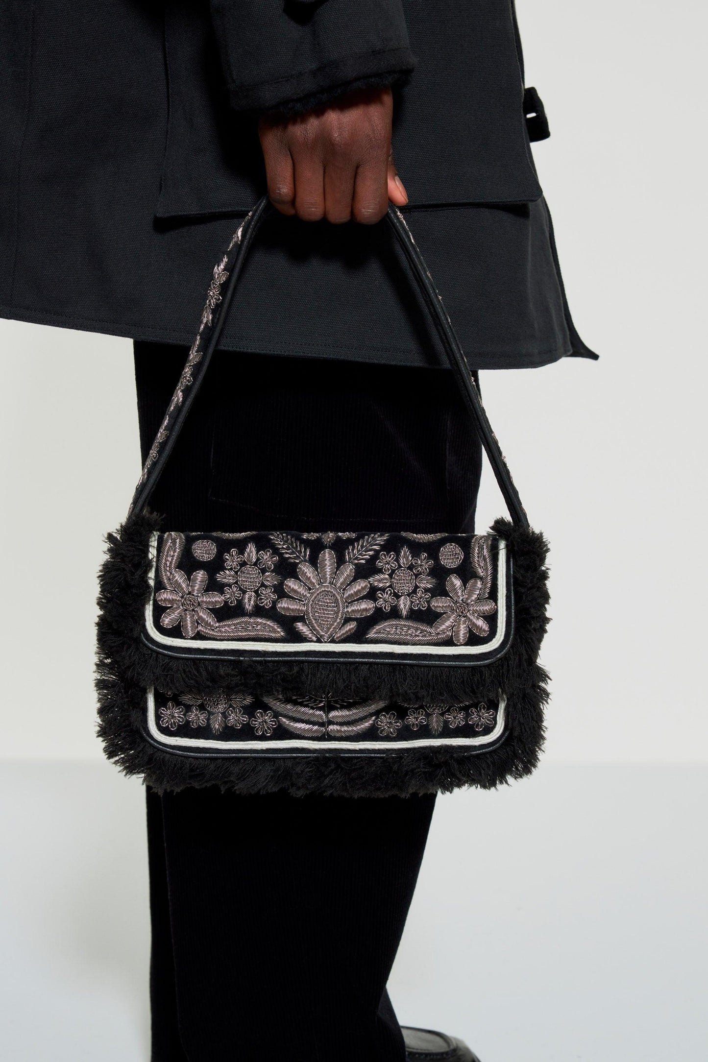 Zari embroidered velvet baguette bag