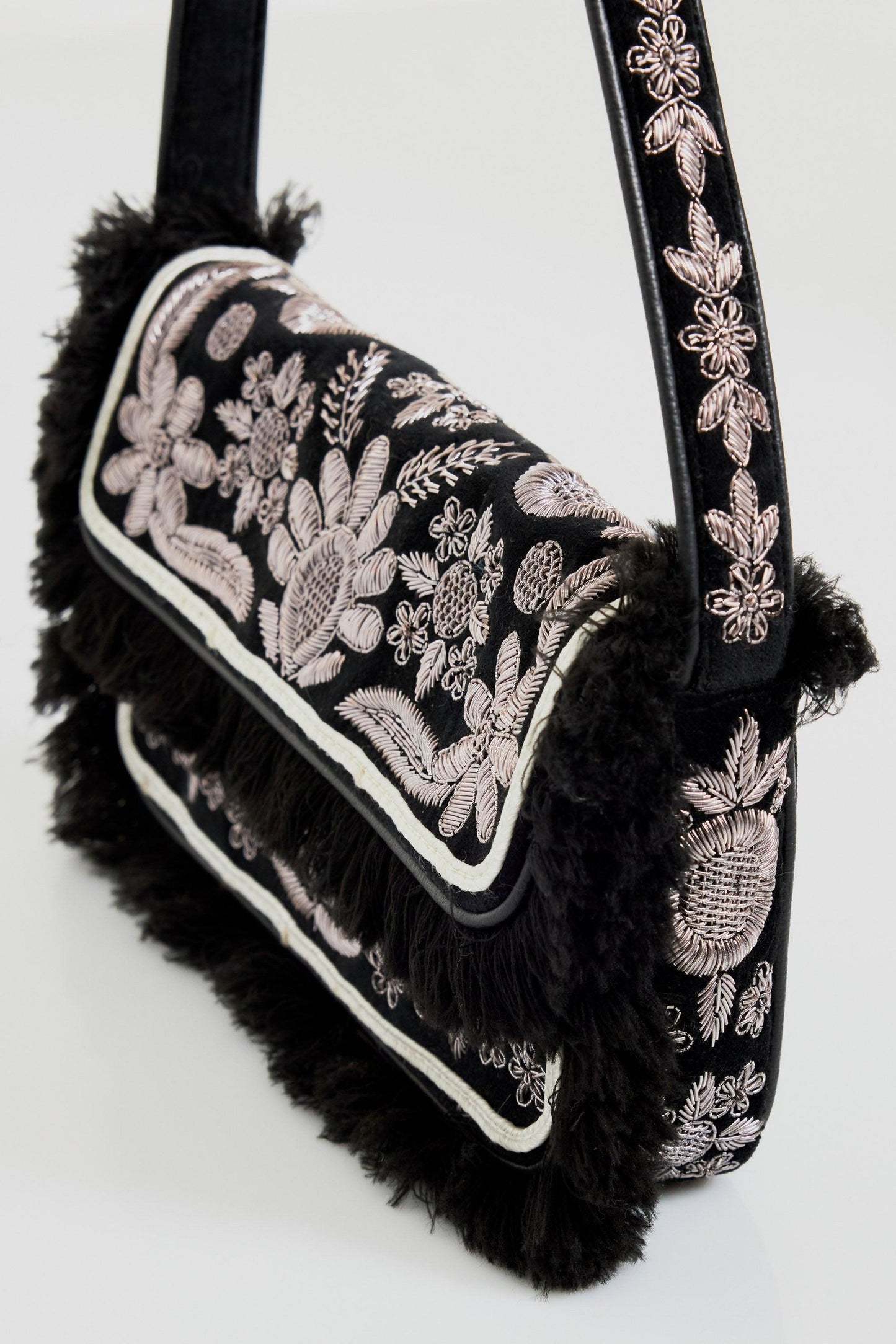 Zari embroidered velvet baguette bag