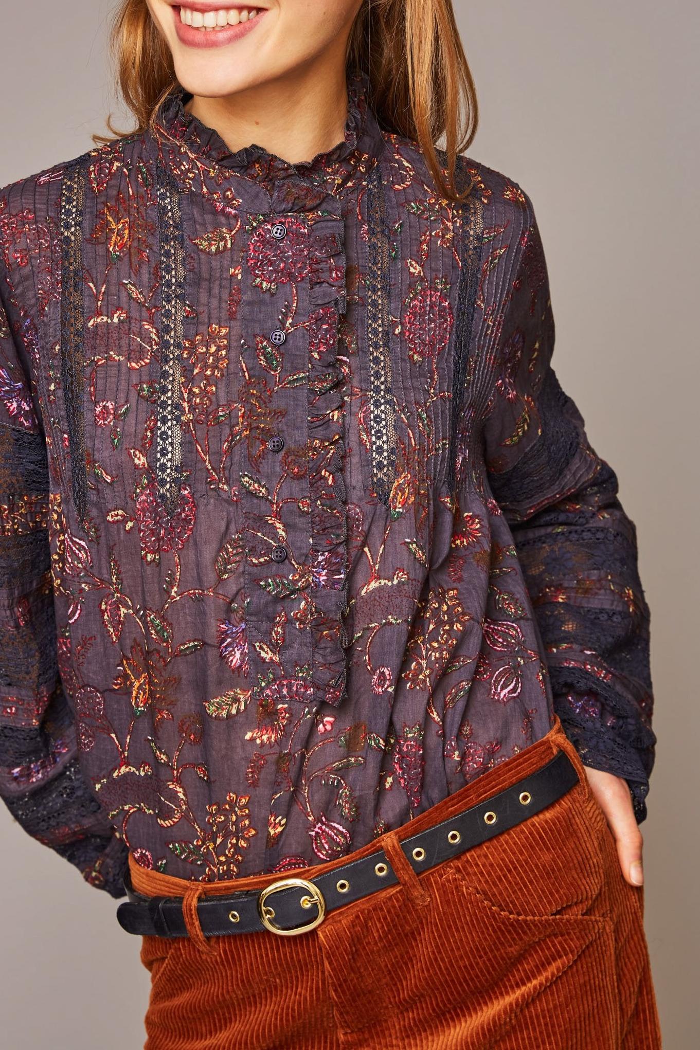 Blouse victorienne fleurie gris ardoise Alina