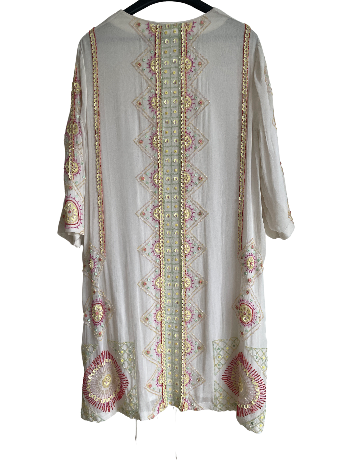 Cream viscose dress embroidered with pink, pale green and pale yellow beads