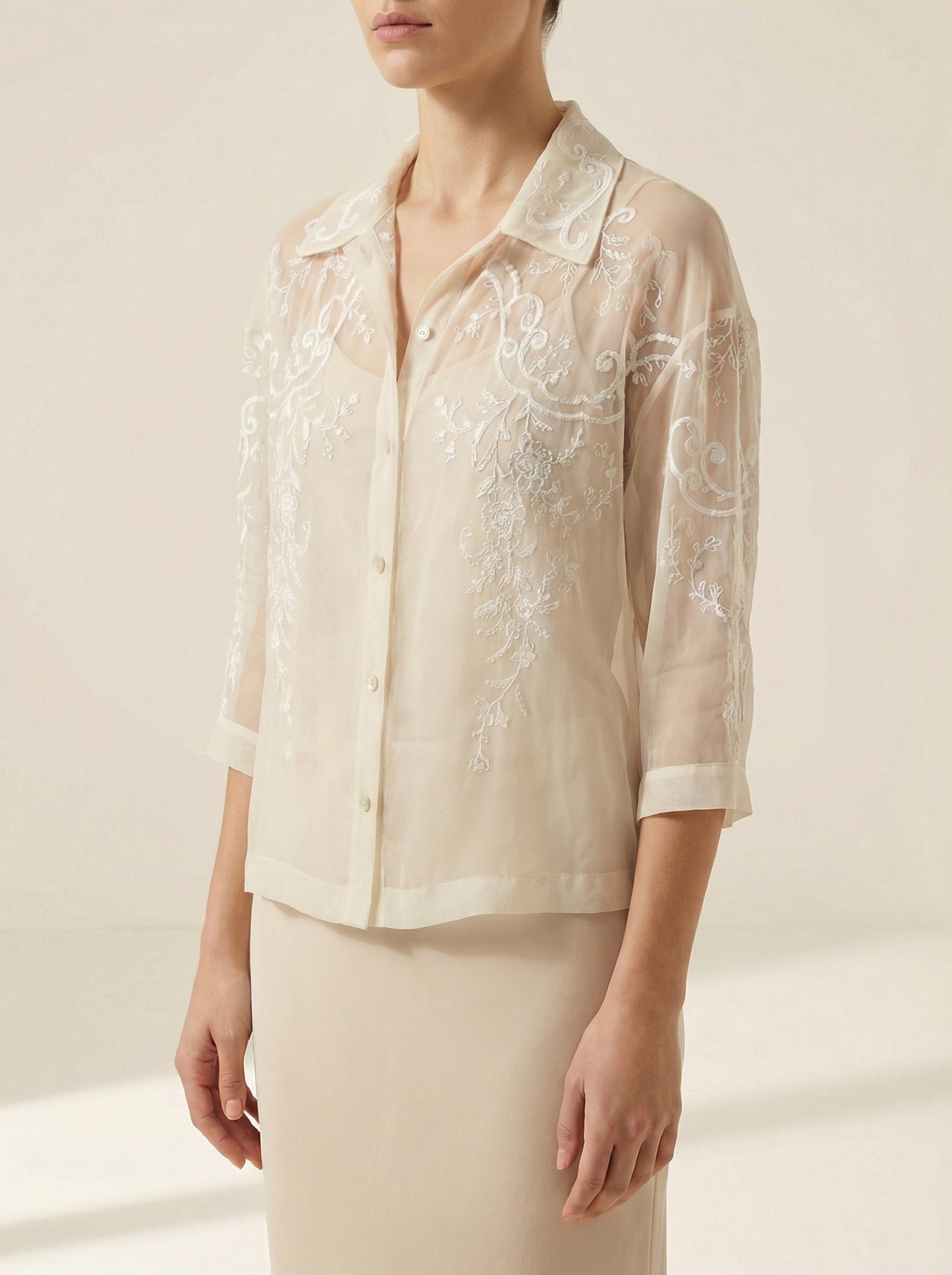 Victoria tee cream, embroidered sheer blouse