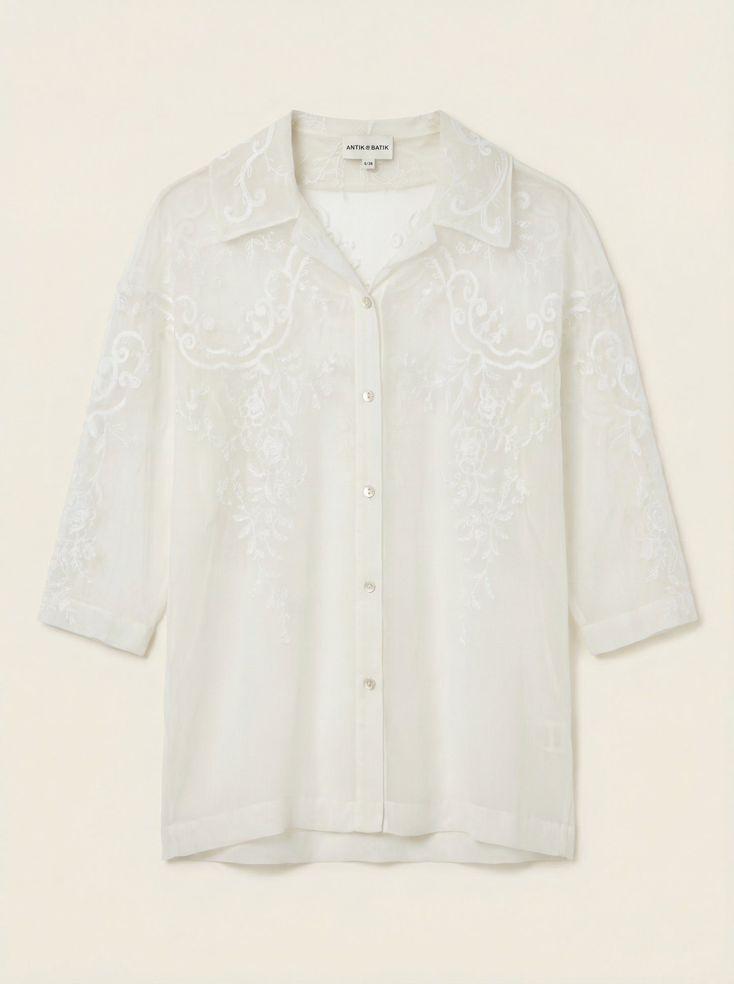 Victoria tee cream, embroidered sheer blouse