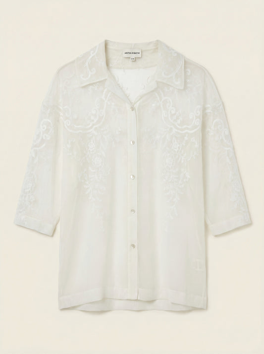 T-shirt Victoria crème, blouse transparente brodée