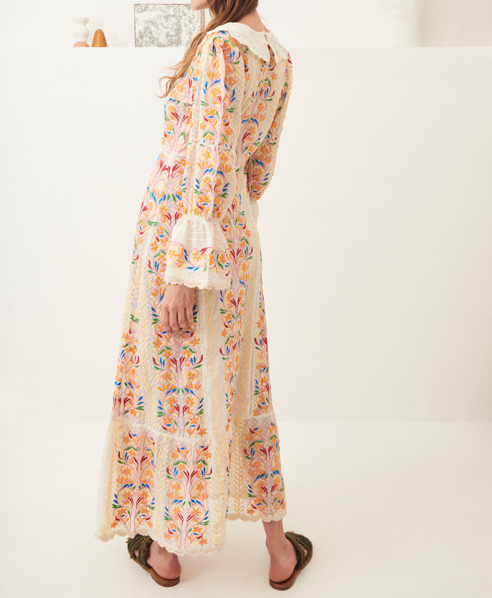 Long embroidered cotton and tulle dress Ania