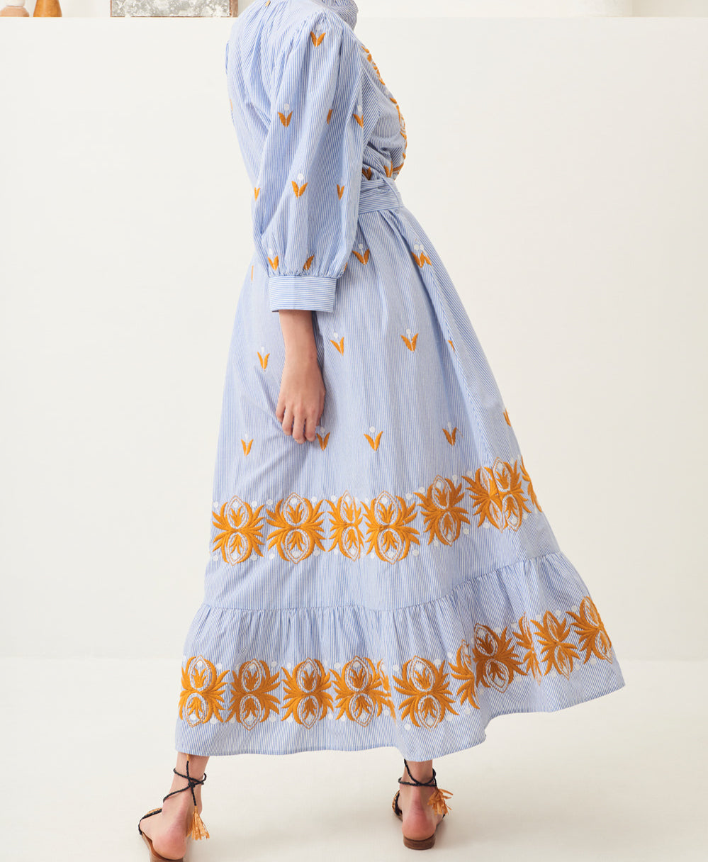 Mexica Puff Sleeve Embroidered Long Dress