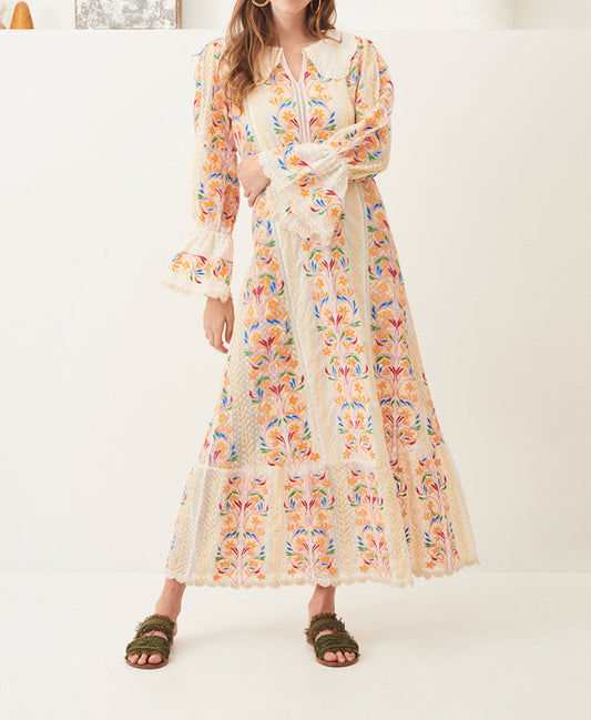 Long embroidered cotton and tulle dress Ania