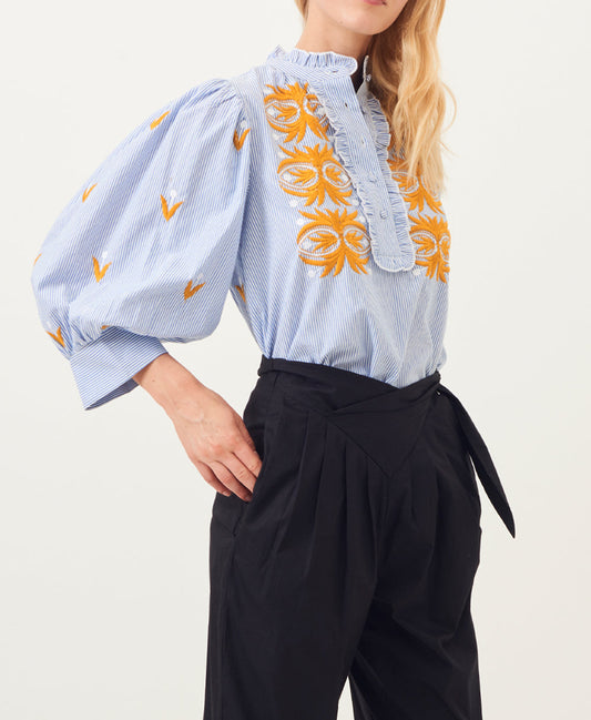 Mexica Puff Sleeve Embroidered Blouse