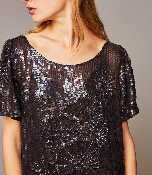 Robe mi-longue à sequins noirs Salima