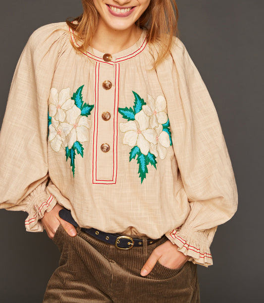 Blouse en coton brodée crème Zahid