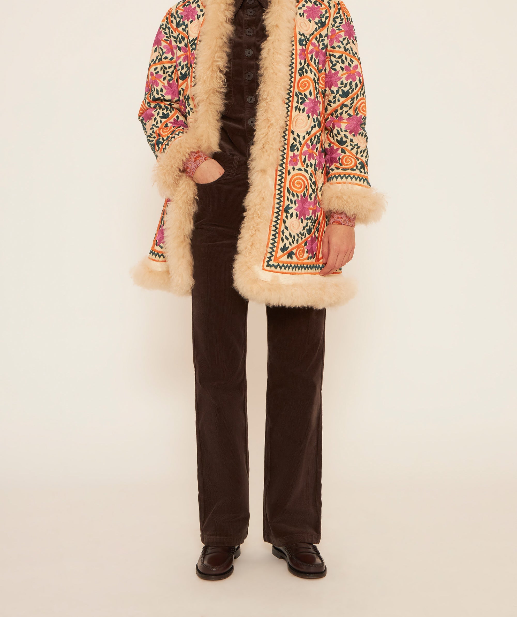 Embroidered shearling coat online